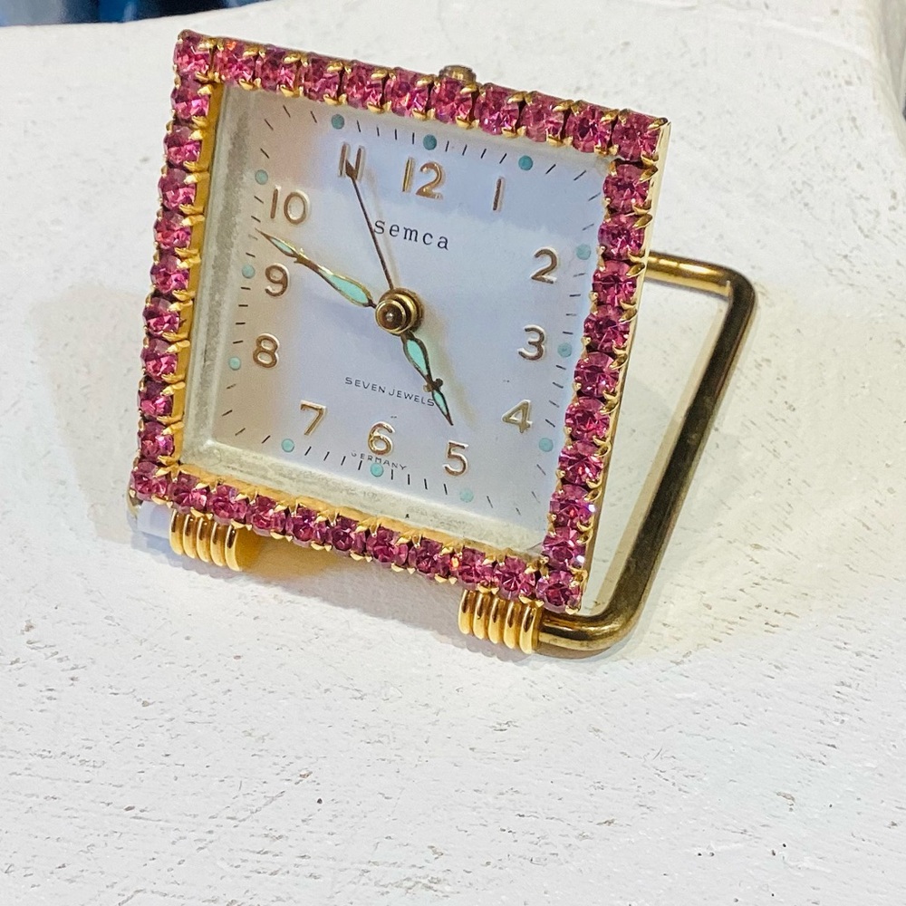Vintage 1950’s Rhinestone Boudoir case SEMCA Seven JEWELS Table Clock Watch